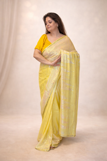 Jhilmil Yellow Sequence Georgette Saree